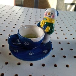 Christmas Snowman with Cup & Saucer Candle Holdet