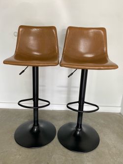 Set of 2 Adjustable Bar Stools Faux Leather Swivel Caramel Black Pedestal Kitchen