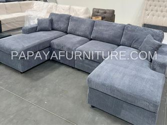 EASY FINANCING AVAILABLE New! Grey 120”L Double Chaise Sectional Sofa, Corduroy Sectional, U-Shaped Sectional, Grey Sectional With Chaise, Soft Plush 