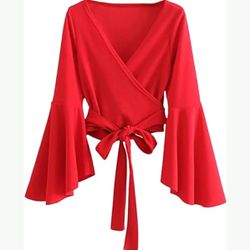 Brand New (Size 2XL) Red Long Sleeve V Neck Tie Knot Bandage Wrap Blouse Crop Top