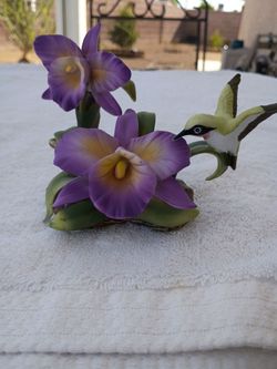 Porcelain Hummingbird and Orchid Figurine