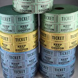 9 Rolls Of 1000 Raffle Tickets .

9000 Total Tickets 

Great for 50/50 Raffles

