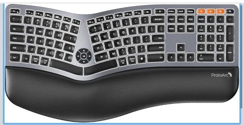 Backlit Bluetooth Ergonomic Keyboard, ProtoArc EK01 Plus Full Size Wireless Split Keyboard with Dual Bluetooth and USB, Cushioned Wrist Rest, Recharge