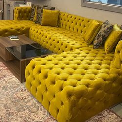 🦋Showroom,Fast Delivery, Finance,Web🦋Polo Mustard Velvet Double Chaise "U" Shape Sectional Sofa Comfortable Couch 