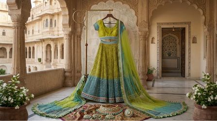 Beautiful Indian lehenga choli set in a gorgeous lime green, olive & teal/turquoise color combination. 💚💙