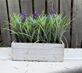 Purple & Blue Floral Arrangement in Rustic Planter