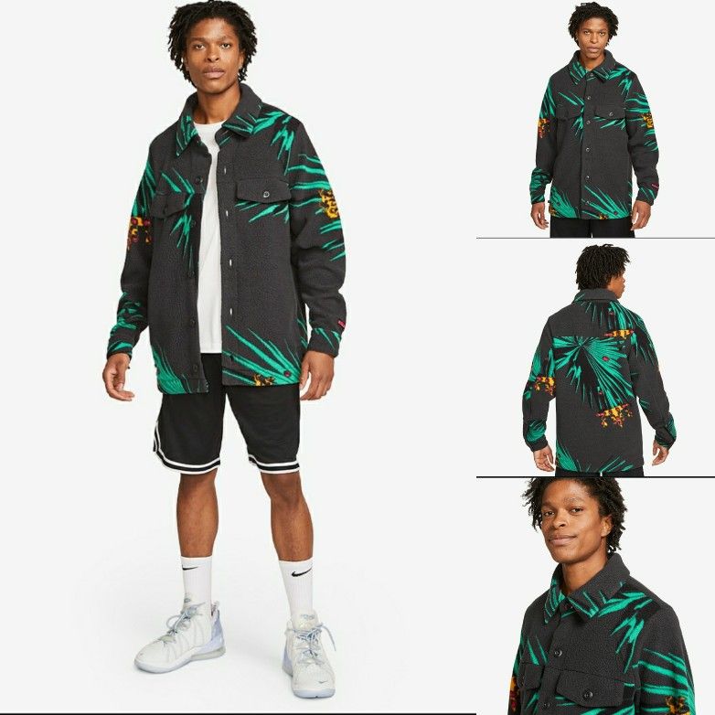 Nike X LBJ Lebron Tropical Sherpa Button Down Jacket All Over Print Multiple Sizes and front pockets Signature Spellout Dark Smoke Gray multicolored