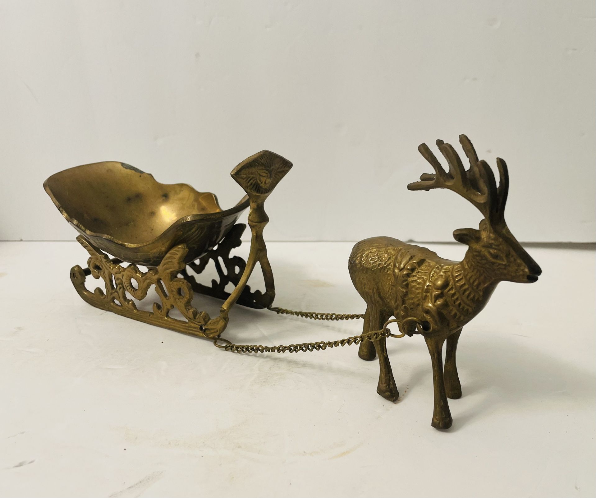 Vintage Brass Reindeer Sleigh Christmas Holiday Santa