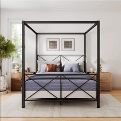 Black Metal Canopy Bed Frame (Queen)