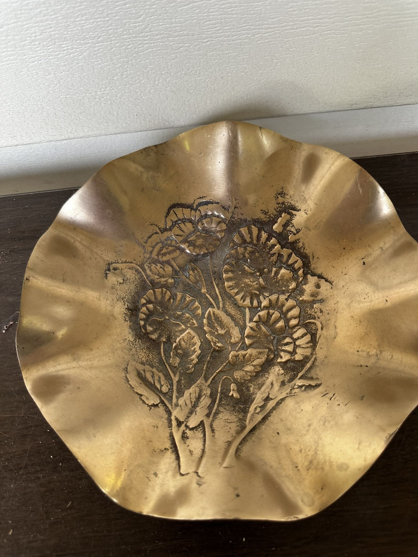 Vintage brass trinket dish, floral trinket dish, ring dish, desk decor