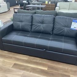 New Black Faux Leather Sofa Couch With Pull Out Sofa Sleeper Bed 