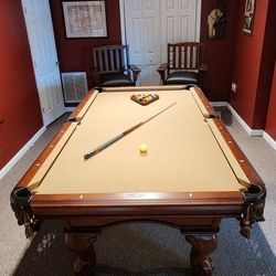 Pool Table, Side Gallery Chairs, Pool Stick Rack, & Accompanying Ping Pong Portable Top