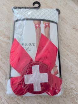 Industrial Net Thigh Highs with Nurse Badge, White/Red, One Size New by Leg Avenue #9511