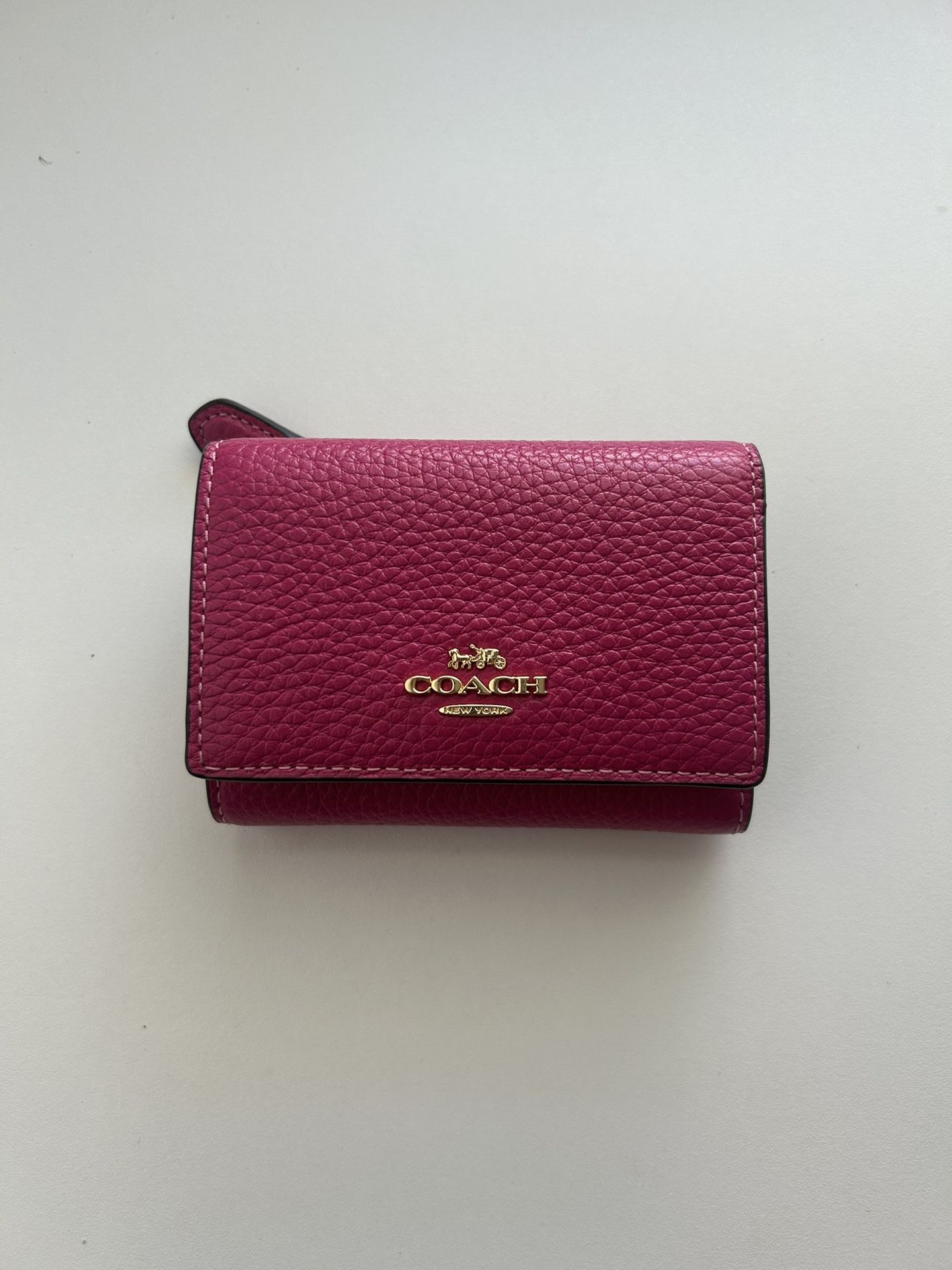 Coach New York Trifold Snap Wallet With Outer Zipper Pocket Brass Deep Plum