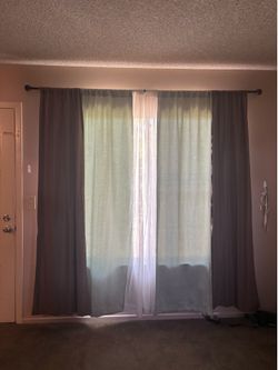 Long curtains  with rods sage green / brown