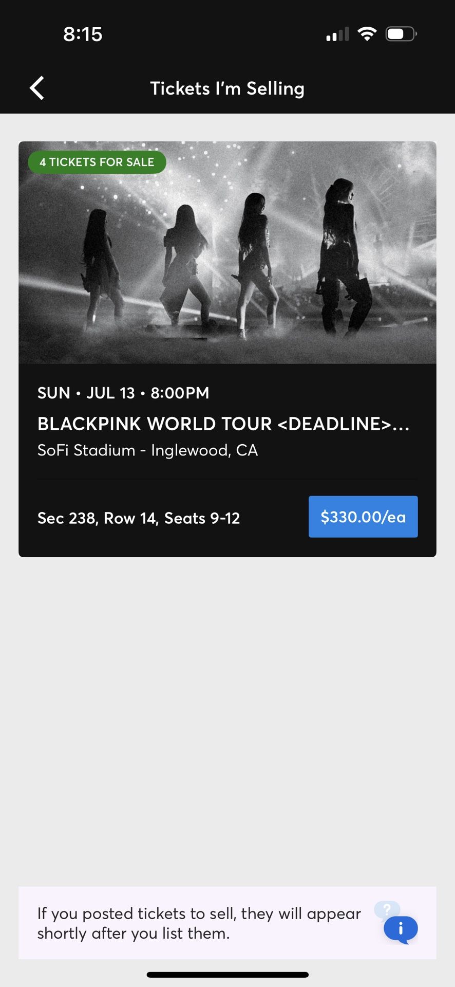 selling 5x blackpink tix for tonight at sofi
