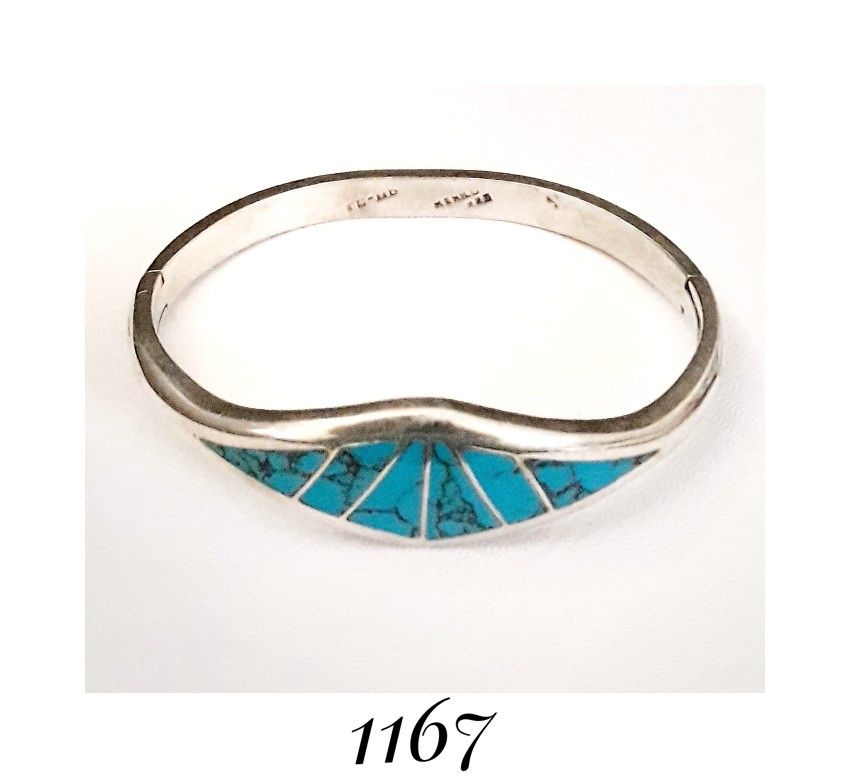 7.5 x 18mm Solid Sterling Silver Blue Green Turquoise Hinged Tapered Bracelet