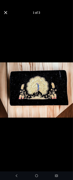 Exquisite Black Velvet Clutch with Gold Peacock Embroidery