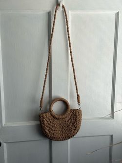 Boho Half Moon Woven Straw Crossbody Bag - Tan