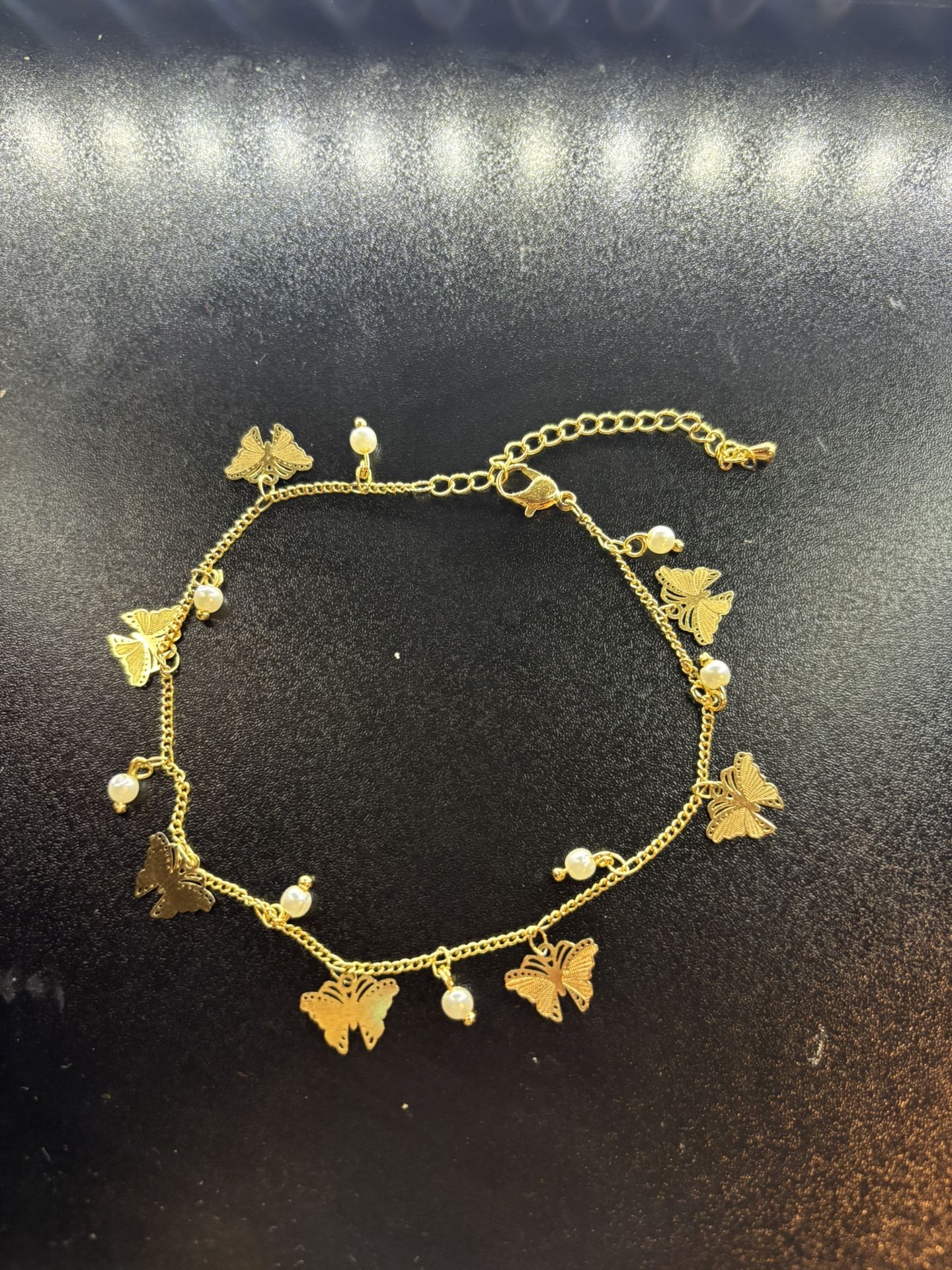 Gold Butterfly Anklet With Pearl Accents