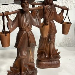 RARE PAIR OF TEAK WOOD ASIAN WATER CARRIERS, 21 TALL, HANDCARVED FROM THAILAND