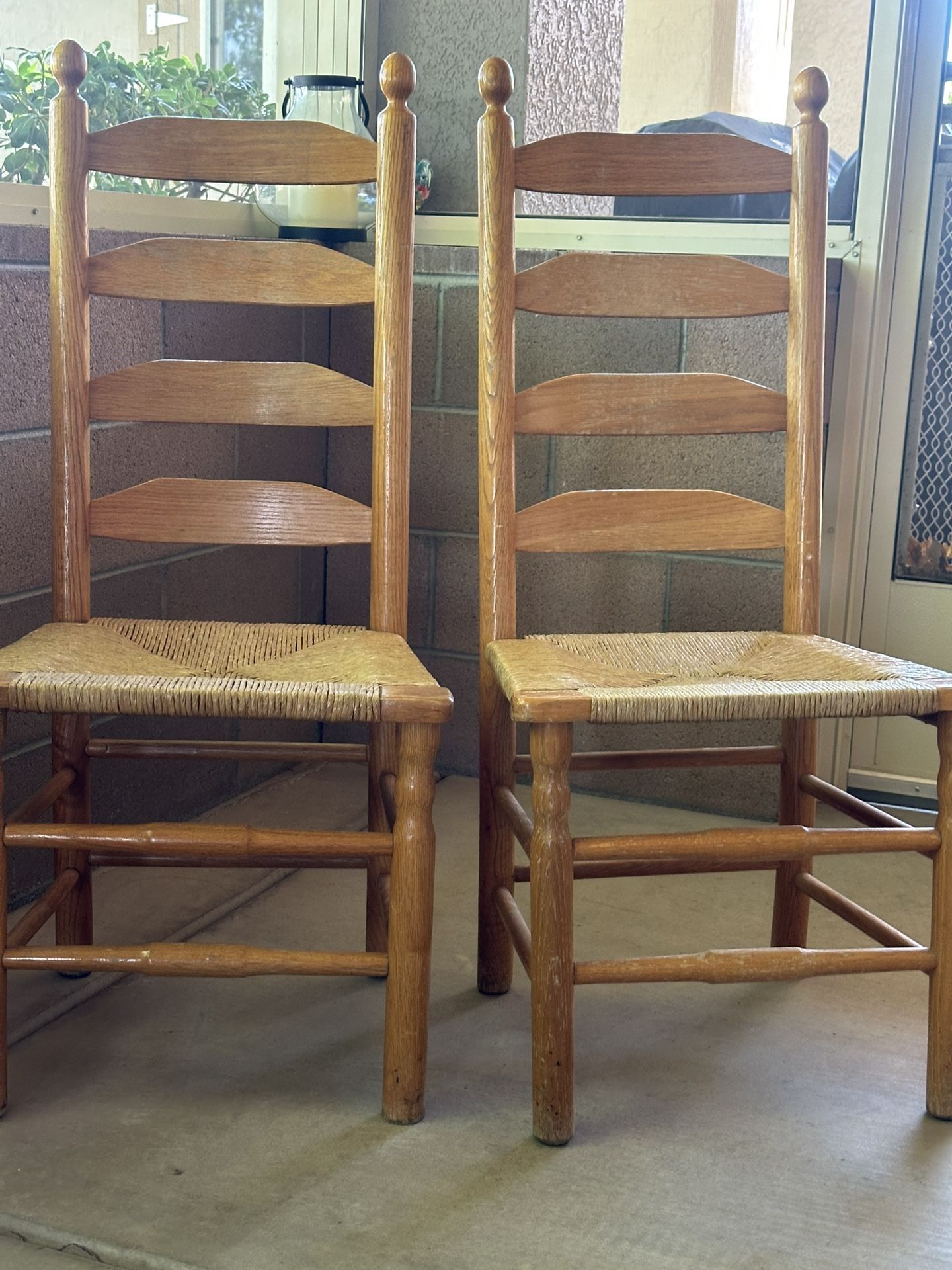 Pair Vintage Wood Ladder Back Colonial Shaker Woven Rush Seat Side/Dining Chairs, 42”