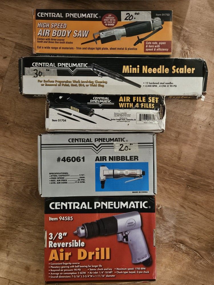 Central Pneumatic Air Tools- Body Saw, Scaler, File, Nibler, Drill - NEW IN BOX