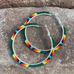 Forest Green With Native Colors 2 Inch Hoops, New, Handmade By Me