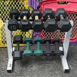 SET OF RUBBER DUMBBELLS & DUMBBELL RACK (PAIRS OF)  :  10s  12s  15s  20s  25s  