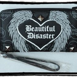 New Beautiful Disaster Studded Angel Wings Vegan Leather Wallet 