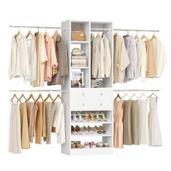 White Closet System With Drawers and Hanging Rods