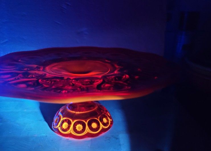 Vintage Amberina Glow "Moon and Stars" pattern pedestal cake stand 11 " HTF