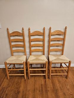 Set Of Three Vintage Farmhouse Style Ladder Back Kitchen Dining Chairs With Rush Seats