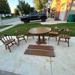 Solid wood dining set round pedestal table 2 extension leaves 5 Windsor style captain chairs