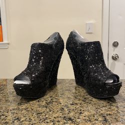 Steve Madden Black Sequin Wedges 