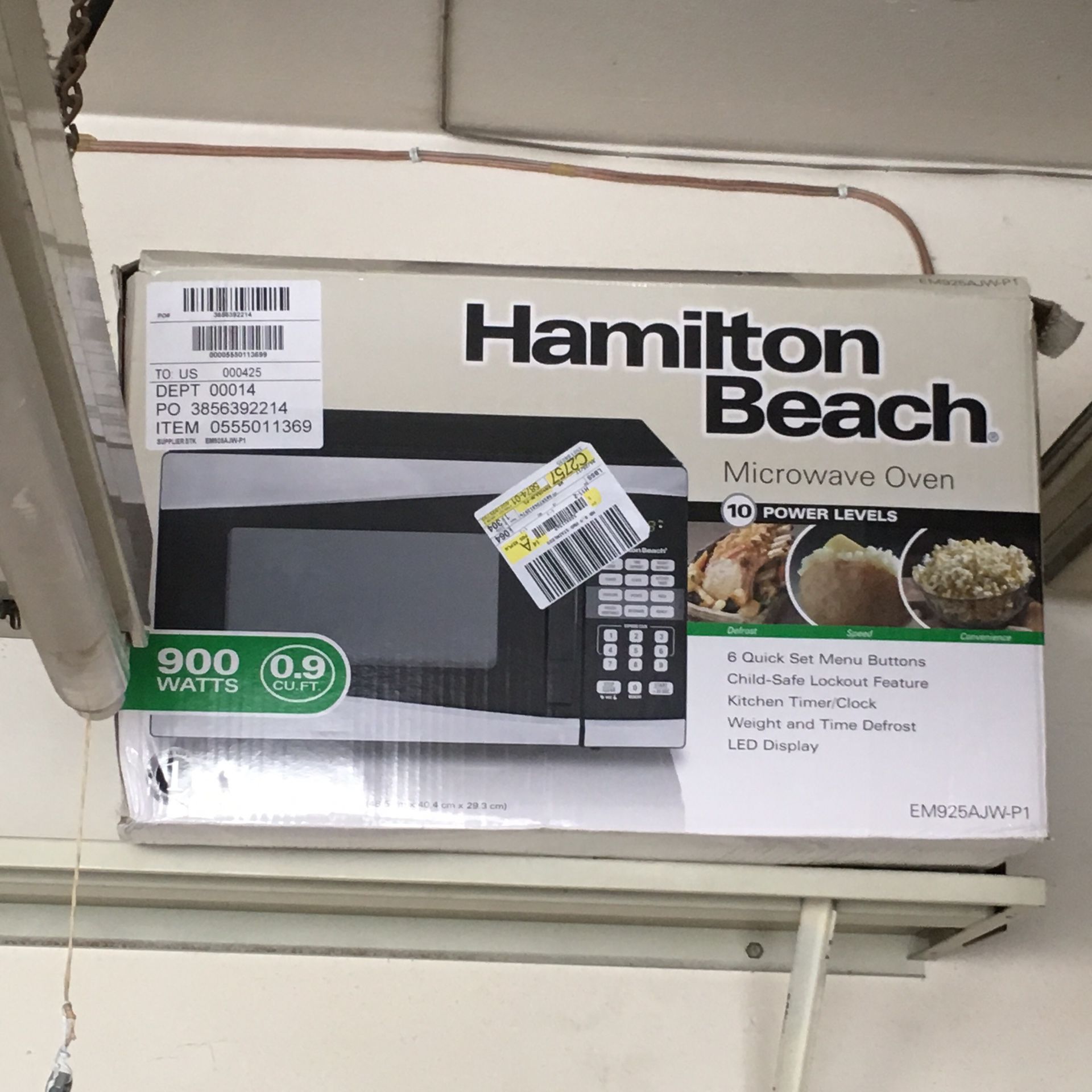 0.9 cu, 900 W Hamilton Microwave used for <6 months on sale for $30. Color: Black and Silver. All parts intact with packing.