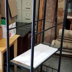 Rustic black display shelf with glass shelves..Local Delivery available