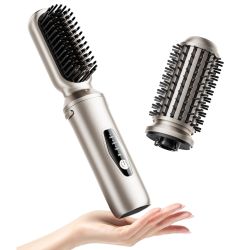 Cordless Hair Straightener Brush, 2 in 1 Curling & Straightening Brush with 200 Million Negative Ions, Mini Travel Hot Straightener Comb for Women, Fa