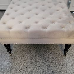 Light Grey Tufted Ottoman w/ Nailhead Trim & Casters