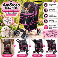 Pet Stroller – 4 Wheel – Black & Pink – Cats & Dogs