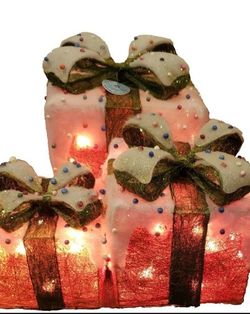 Red sisal lighted gifts with snow capped & candy drops Christmas Yard Decor