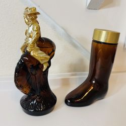 Avon Cowboy Bucking Bronco w/ Oland Cologne 1 almost full & 1 Empty Avon Boot Bottle $5 for the pair - woody musky scent 