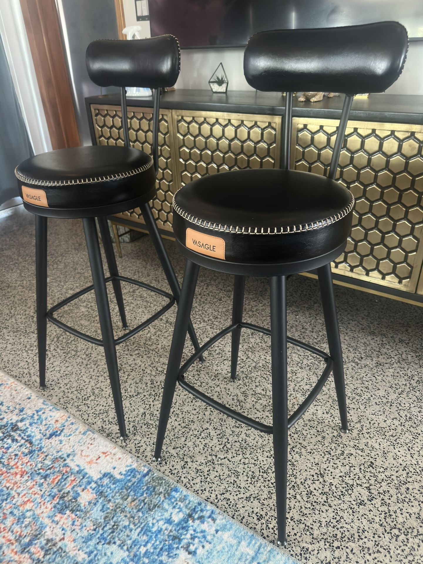 Leather Black Bar Stools (2) - Like New