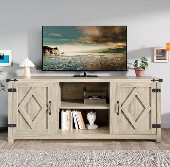 Modern Farmhouse TV Stand for Televisions up to 65’’, Entertainment Center with Storage Cabinets and Sliding Barn Doors, Media TV Consoles for Living