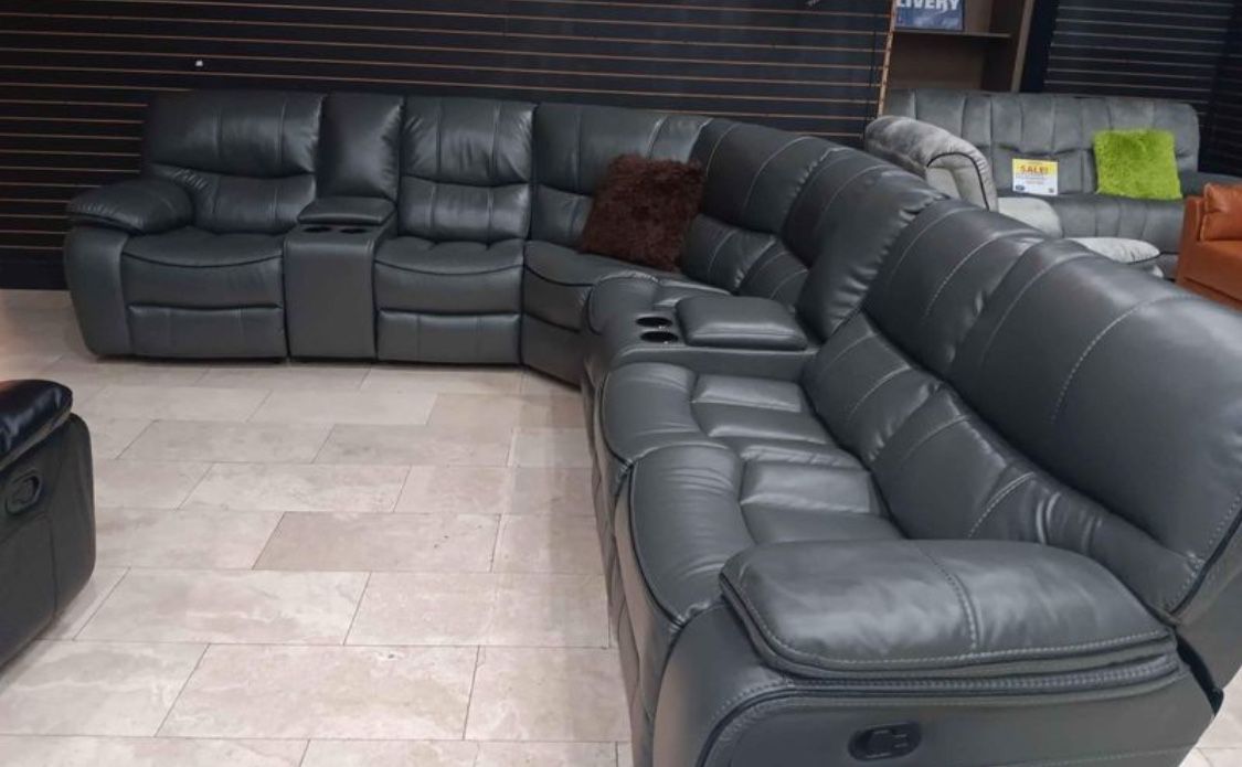 Spring Blowout Sale! Madrid, Leather Reclining Sectional In Gray Or Black Only $1199. Easy Finance Option. Same-Day Delivery.