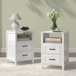 Night Stands Set of 2 with Drawers, White Embossed Modern Bedside Tables - 2 Fabric Drawers & Open Shelf, Small Nightstand for Bedroom, Apartment Esse