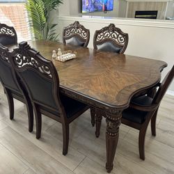 7 Pc Upholstered Rectangle Dining Room, and Server Rack.