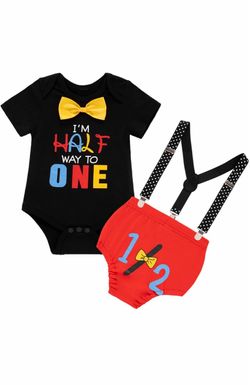 Baby Half Birthday Outfit Set with Suspenders