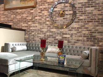 Grey Tufted Sectional with Nail Head