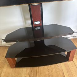 Tv Stand mount, 3 glass shelves, black and wood, living room